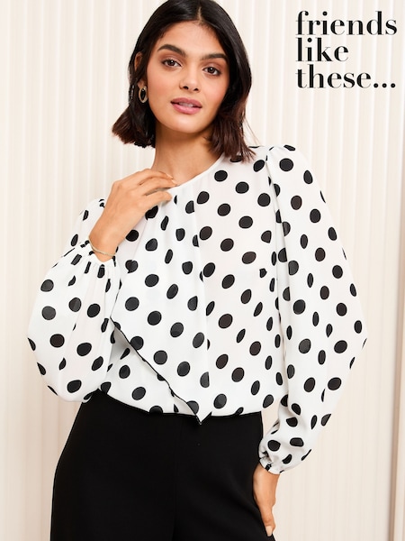 Friends Like These Monochrome Long Sleeve Ruffle Front Spot Blouse (AN7410) | $63