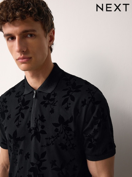 أسود زهور - Flocked Quarter Zip Polo Shirt (AN7426) | ‏131 د.إ.‏