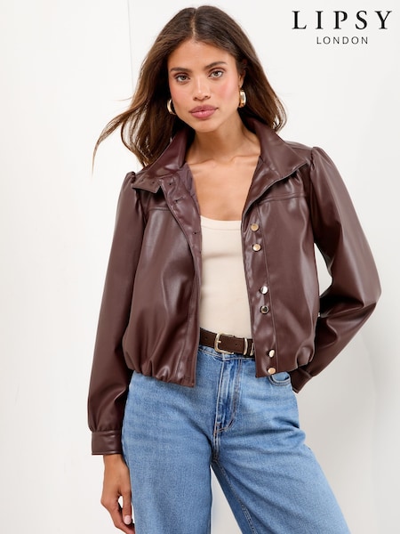 Lipsy Cherry Red Faux Leather Bubble Hem Funnel Neck Jacket (AN7436) | €84