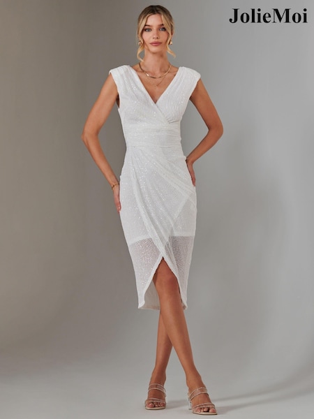 Jolie Moi White Aisla Ruched Sequin Bodycon Dress (AN7439) | €113