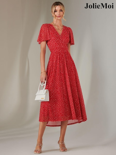 Jolie Moi Red Angel Sleeve Wrap Bodice Mesh Maxi Dress (AN7444) | €130