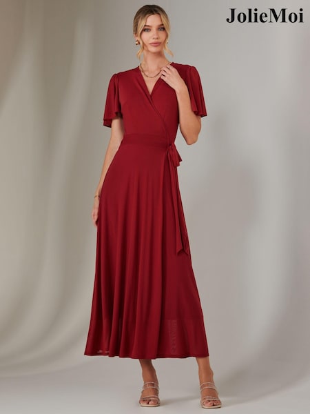Jolie Moi Red Plain Angel Sleeve Wrapped Maxi Dress (AN7445) | €113
