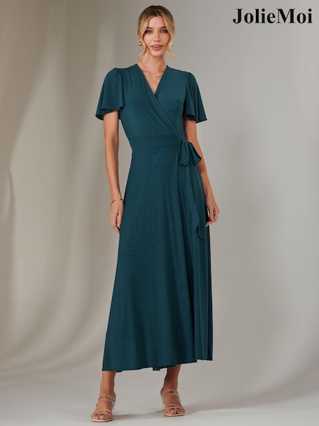 Jolie Moi Green Plain Angel Sleeve Wrapped Maxi Dress (AN7446) | R$ 840