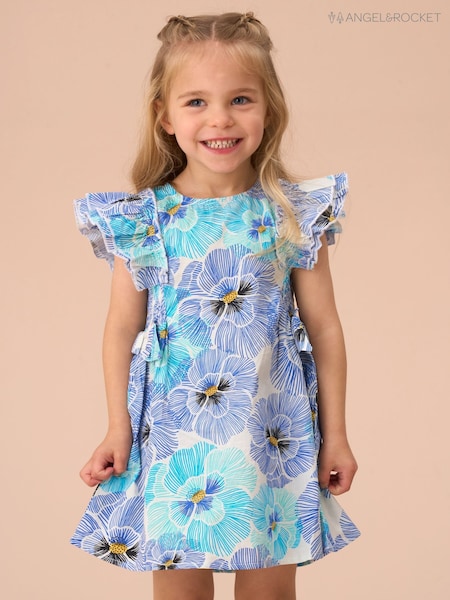 Angel & Rocket Blue Alessandra Pansy Print Tie Side 100% Cotton Dress And Bloomer Set (AN7661) | KRW65,800 - KRW70,400