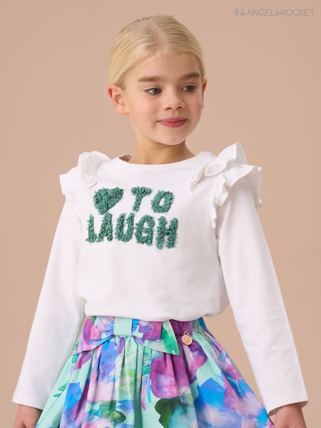 Angel & Rocket White Bria Long Sleeve Frill Shoulder Top (AN7694) | R$ 160 - R$ 195
