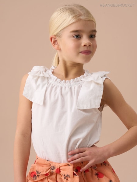 Angel & Rocket White Laurel Bow Shoulder Woven Blouse (AN7695) | R$ 215 - R$ 285