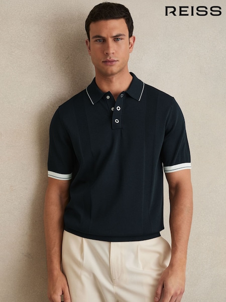 Reiss White/Navy Portman Tipped Knit Polo Shirt (AN7821) | 809 QAR