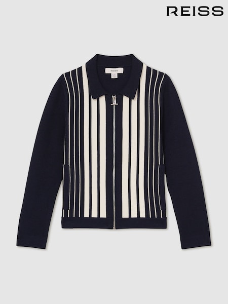 Reiss Navy/White Ambient 13-14 yrs Striped Zip-Through Knit Overshirt (AN7826) | €85
