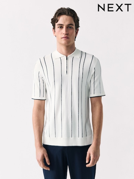 White/Black Regular Fit Short Sleeve Vertical Stripe Knit Quarter Zip Polo Shirt (AN7866) | €36