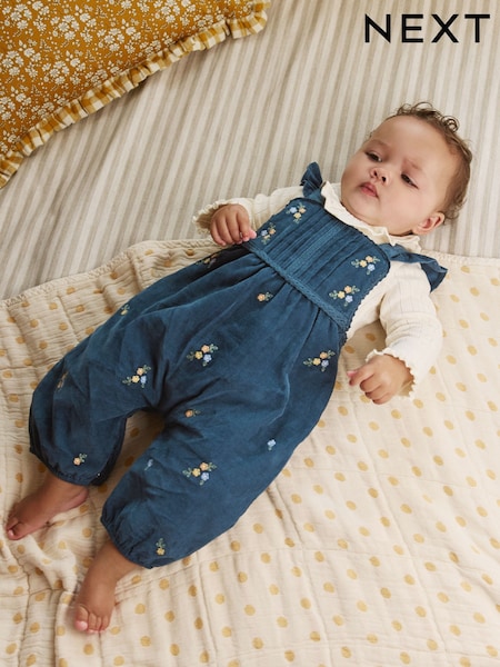 Navy Embroidered Baby Print Long Sleeve Bodysuit and Cord Dungarees 2 Piece Set (0mths-2yrs) (AN7910) | ₱2,920 - ₱3,190
