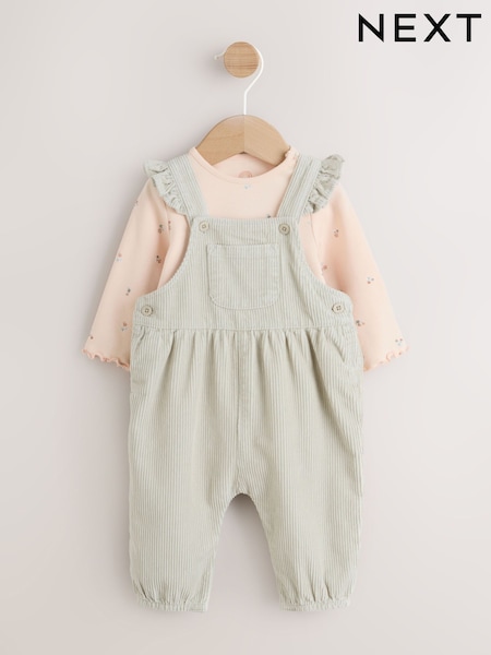 Sage Green Baby Print Long Sleeve Bodysuit and Cord Dungarees 2 Piece Set (0mths-2yrs) (AN7911) | €22.50 - €25