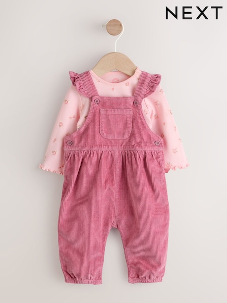 Pink Ditsy Baby Print Long Sleeve Bodysuit and Cord Dungarees 2 Piece Set (0mths-2yrs) (AN7912) | €22.50 - €25