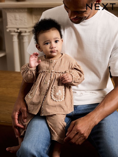 Rust Brown Gingham Baby Woven Long Sleeve Top and Trousers 2 Piece Set (0mths-2yrs) (AN7917) | AED91 - AED102