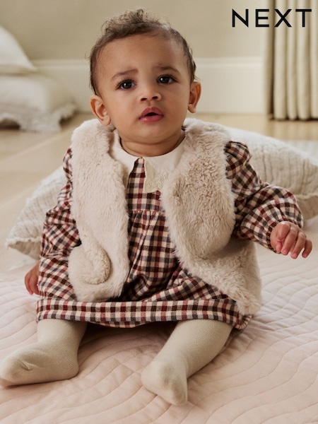 Berry/ Cream Gingham Baby Dress and Waistcoat 2 Piece Set (0mths-2yrs) (AN7926) | 129 QAR - 139 QAR