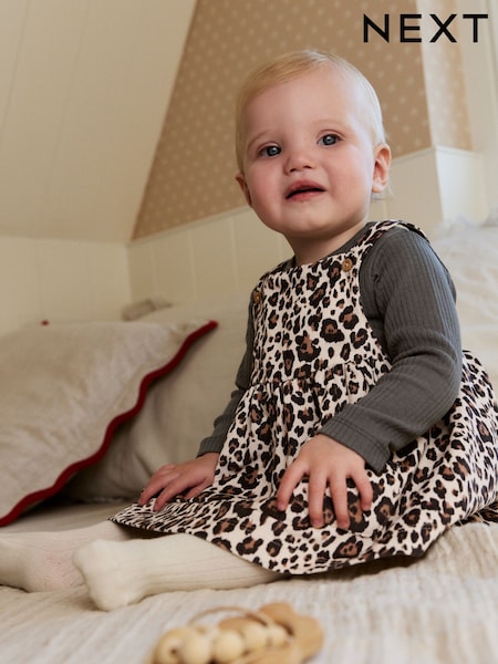 Charcoal Leopard Baby Cord Pinafore Long Sleeve Bodysuit & Tights Set (0mths-2yrs) (AN7928) | AED107 - AED117