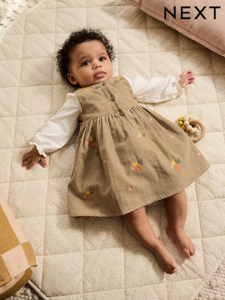 Olive Green Embroidered Baby Cord Pinafore Long Sleeve Bodysuit & Tights Set (0mths-2yrs) (AN7931) | KRW54,000 - KRW58,700