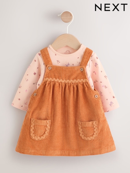 Orange Ditsy Baby Cord Pinafore Dress and Long Sleeve Bodysuit 2 Piece Set (0mths-2yrs) (AN7933) | €24 - €27