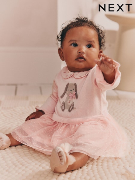 Pink Bunny Baby Knitted Twofer Dress (0mths-2yrs) (AN7935) | €25 - €28