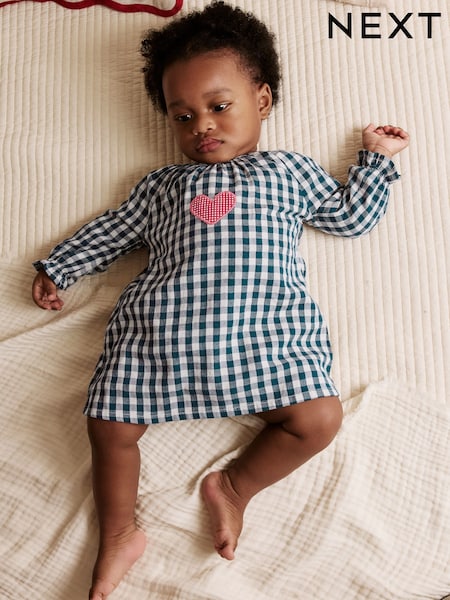 Navy Blue Gingham Heart Baby Long Sleeve 100% Cotton Dress with Knickers (0mths-2yrs) (AN7936) | €22.50 - €25