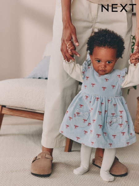 Blue Bow Baby Cord Pinafore Long Sleeve Bodysuit & Tights Set (0mths-2yrs) (AN7947) | €32 - €35