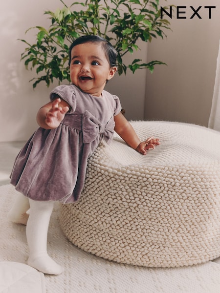 Purple Velvet Bow Bubble Hem Baby Dress and Tights 2 Piece Set (0mths-2yrs) (AN7948) | €35 - €38