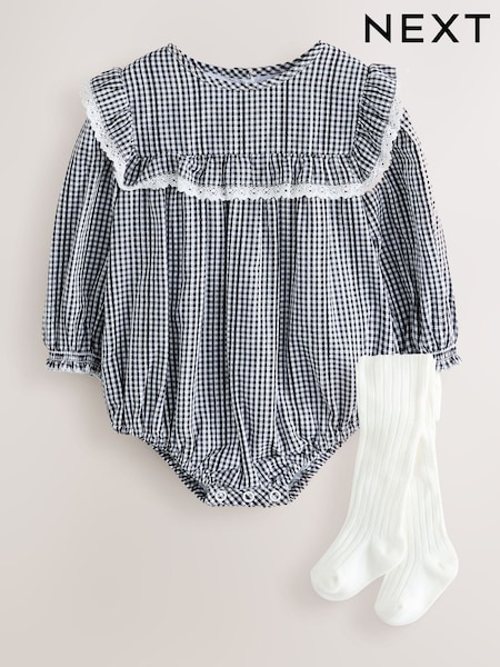 Grey/ White Gingham Check Bloomer Baby Romper with Tights 2 Piece Set (0mths-3yrs) (AN7951) | AED91 - AED102
