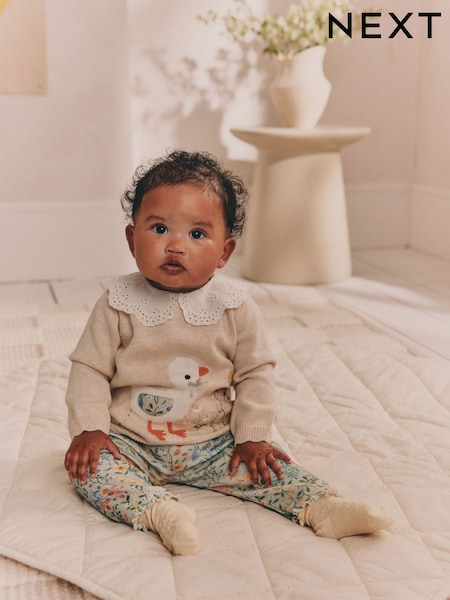 Neutral Duck/ Sage Ditsy Baby Knitted Jumper and Leggings 2 Piece Set (0mths-3yrs) (AN7959) | AED112 - AED122