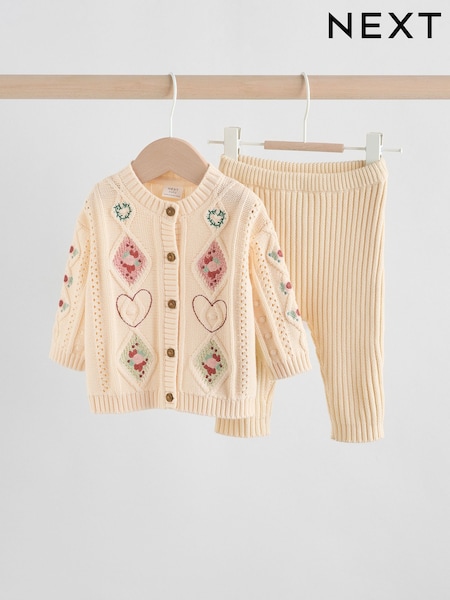 Cream Embroidered Baby Knitted Cardigan and Leggings 2 Piece Set (0mths-3yrs) (AN7970) | €33 - €36