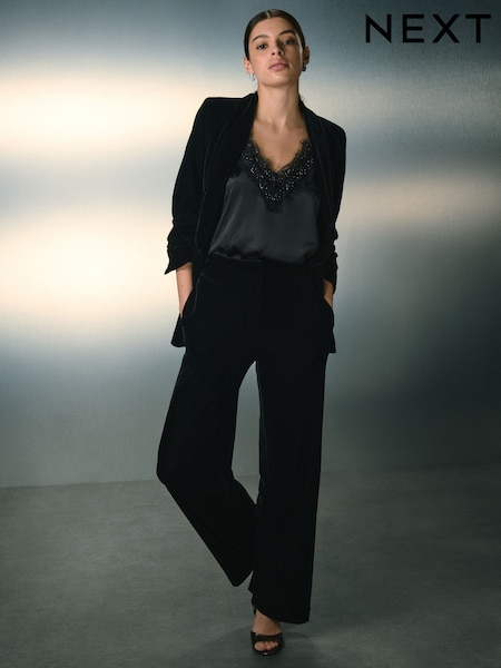 أسود - Velvet Elastic Back Wide Leg Trousers (AN8023) | ‏189 د.إ.‏