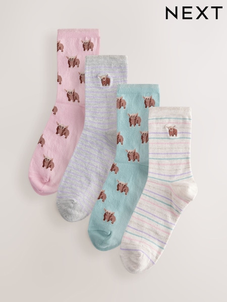 ורוד - Pastel Hamish The Highland Cow Ankle Socks 4 Pack (AN8121) | ‏40‏₪