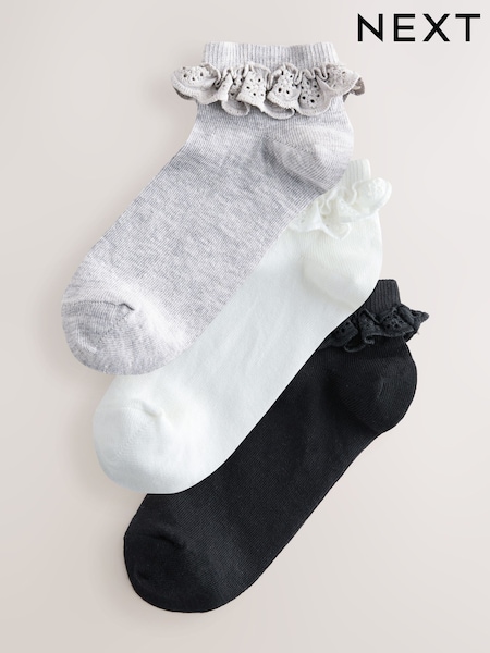 Black/White Broderie Trim Trainer Socks 3 Pack (AN8146) | €17.50