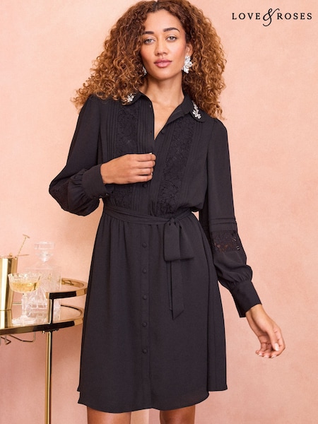 Love & Roses Black Collared Long Sleeve Mini Dress (AN8187) | $59