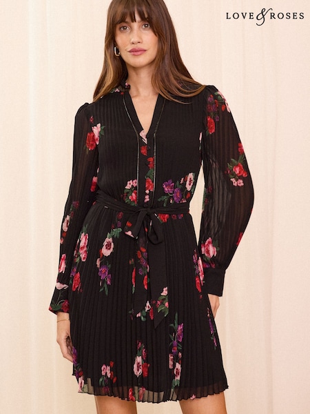 Love & Roses Black PU Trim V-Neck Pleated Mini Dress (AN8196) | €75