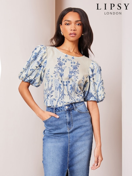 Lipsy White Puff Sleeve Printed Blouse (AN8221) | $109