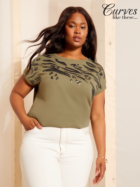 Curves Like These Green Oversized Short Sleeve Sequin 100% Cotton Tunic (AN8248) | 93 QAR