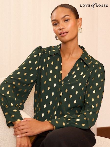 Love & Roses V-Neck Foil Long Sleeve Shirt (AN8250) | 290 LEI