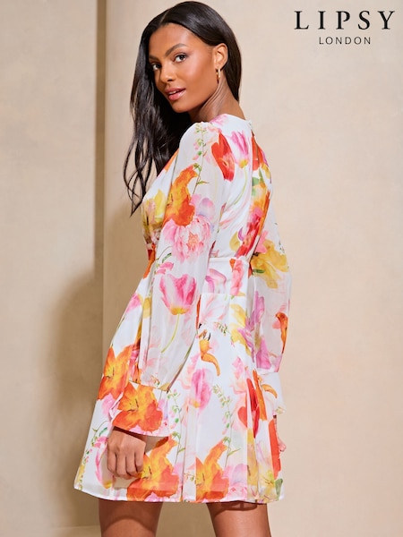Lipsy Floral Long Sleeve Round Neck Mini Dress (AN8266) | 338 LEI
