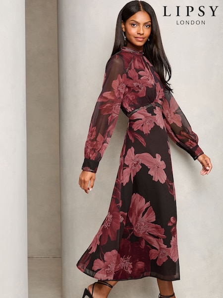 Lipsy Purple Petite Leopard Print Long Sleeve Woven Underbust Midi Dress (AN8280) | €71.50
