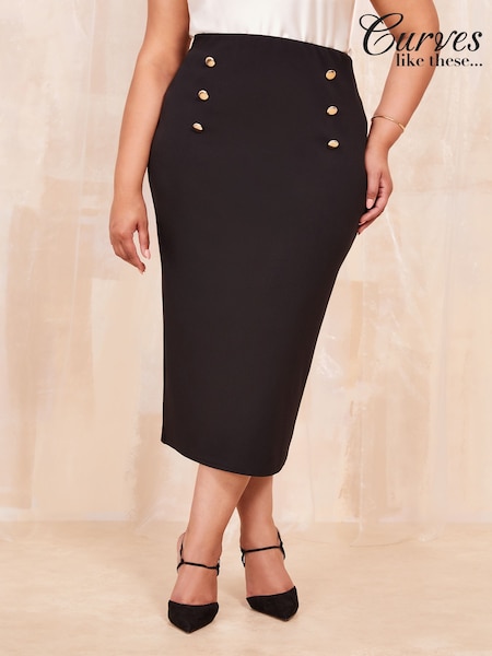 Curves Like These Button Front Scuba Midi Skirt (AN8282) | 166 LEI
