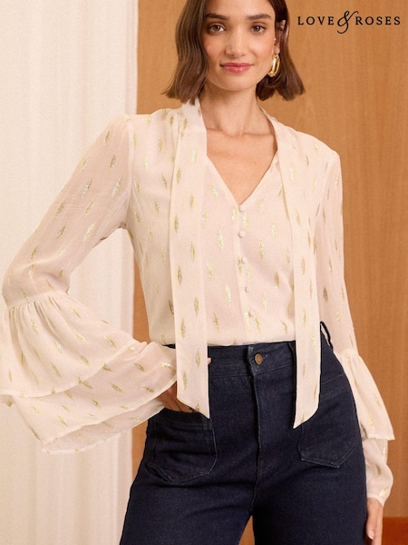 Love & Roses White Metallic Pussy Bow Flute Sleeve Blouse (AN8289) | 104 QAR