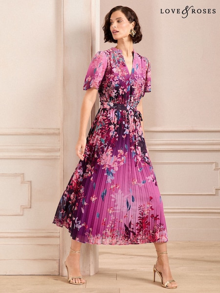 Rosa geblümt - Love & Roses V-neck Pleated Midi Dress (AN8314) | 122 €