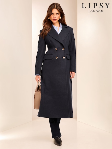 Lipsy Blue Petite Long Line Double Breasted Coat With Wool (AN8324) | €68