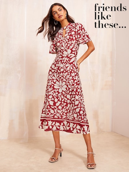 Friends Like These Red ITY Keyhole Flutter Short Sleeve Printed Midi Dress (AN8400) | €48