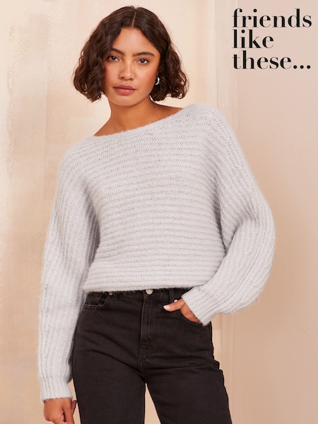 Friends Like These Grey Eyelash Off The Shoulder Jumper (AN8414) | AED99