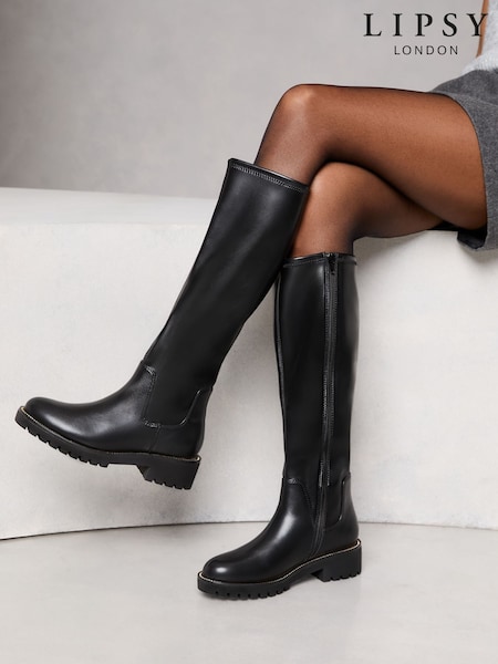 Lipsy Black Chunky Flat Knee High Stretch Faux Leather Boots (AN8425) | €68