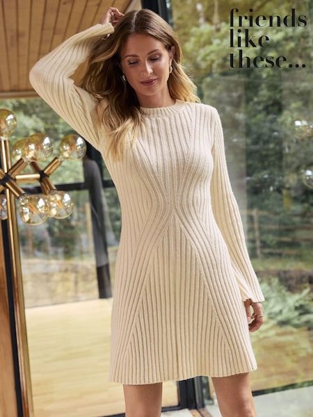 Friends Like These Cream Rib Detail Long Sleeve Mini Dress (AN8447) | €59