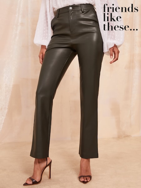 Verde kaki - Friends Like These Faux Leather Croială dreaptă Pantaloni (AN8453) | 298 LEI