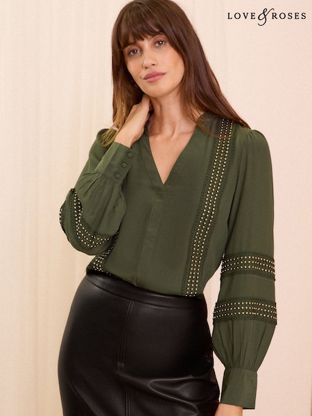 Verde - Love & Roses V-Neck Hardware Detail Blouse (AN8461) | 203 LEI