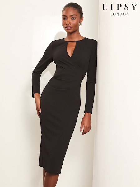Lipsy Black Lace Sleeve Keyhole Ruched Long Sleeve Bodycon Midi Dress (AN8479) | €29