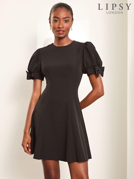 Lipsy Black Bow Detail Puff Sleeve Skater Mini Dress (AN8539) | €48